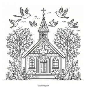 Traditional Church Coloring Page Outline With Birds And Trees