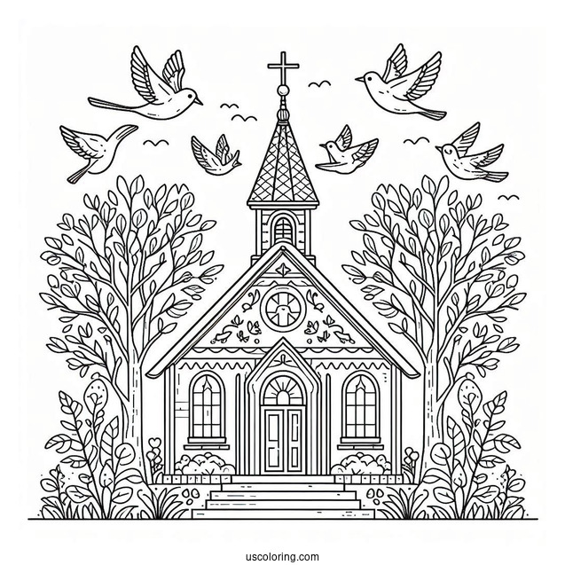 Traditional Church Coloring Page Outline With Birds And Trees