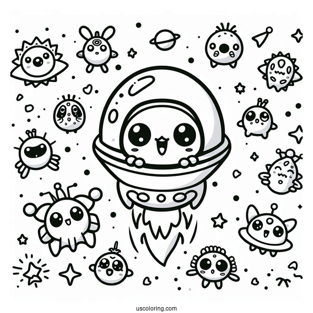 Tamagotchi Coloring Page Of Mametchi, Tomomi, And The Other Extraterrestrials Falling From The Sky