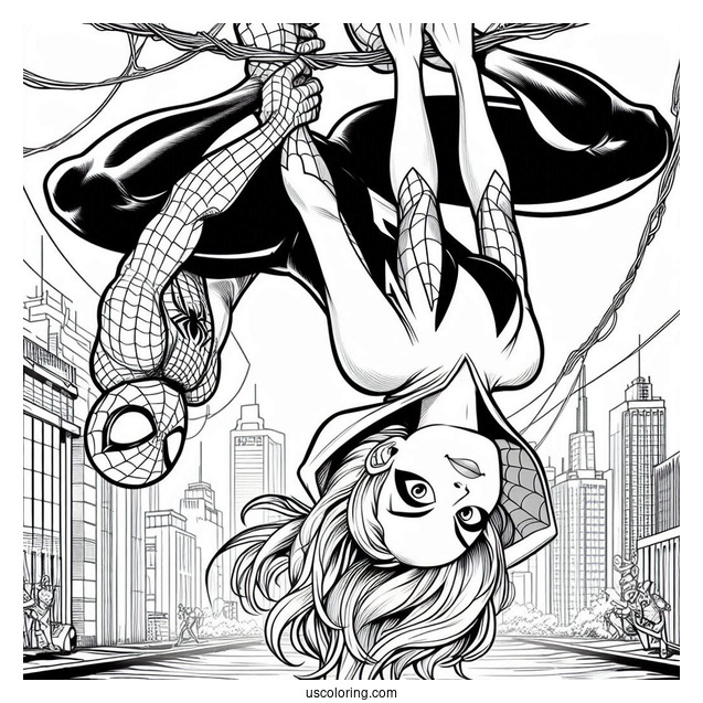 Spider-Gwen Coloring Page Hanging Upside Down Next To Spider Man
