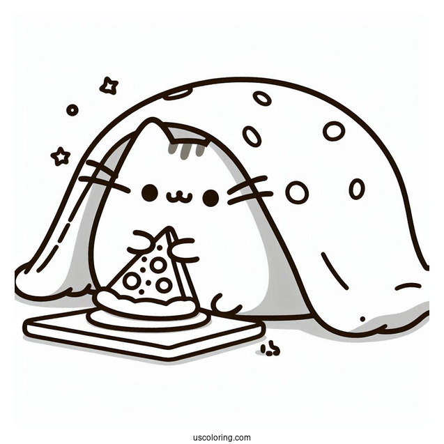 Pusheen Under Blanket Eating Pizza
