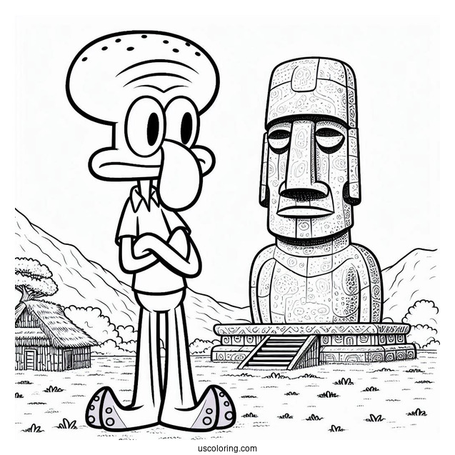 Squidward Coloring Page Standing In Front Of Moai House