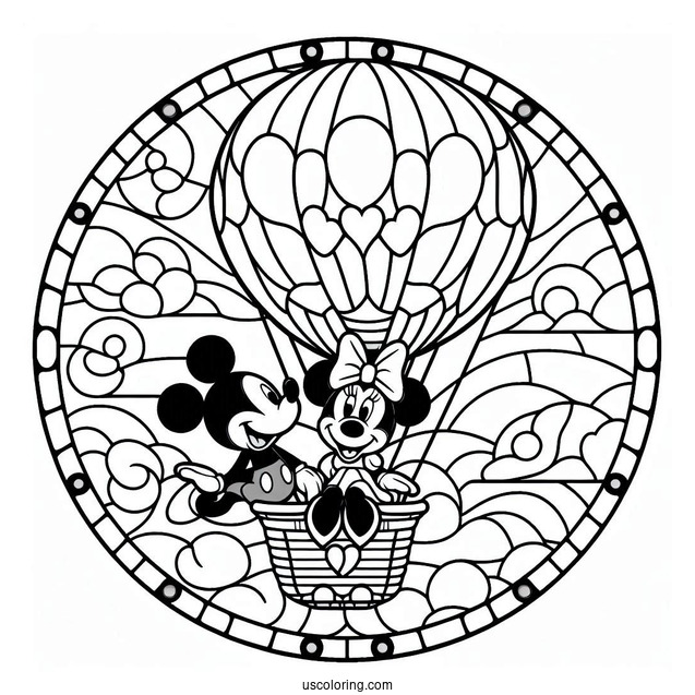 Mickey And Minnie Mouse On A Hot Air Balloon Stained Glass Coloring Page