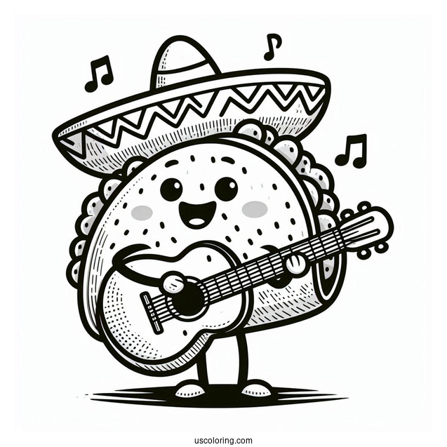 Singing Taco With A Sombrero And A Guitar Coloring Sheet