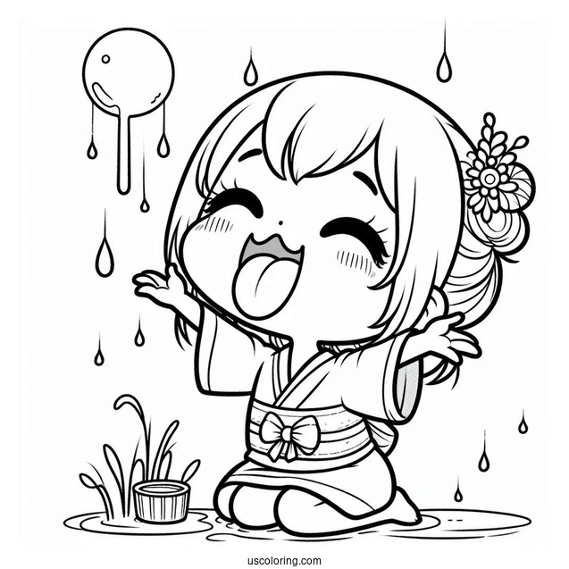 Little Girl Sticking Tongue Out To Catch Rain Coloring Page