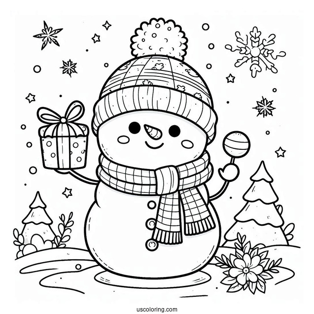 Adorable Snowman Giving a Present To Color