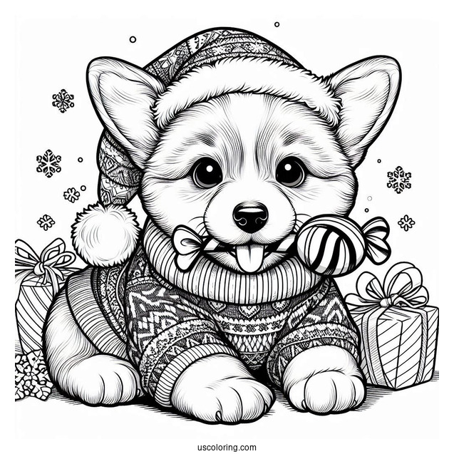 Christmas Coloring Pages For Adults Of Cute Corgi In Sweater Biting A Treat Christmas Coloring Page