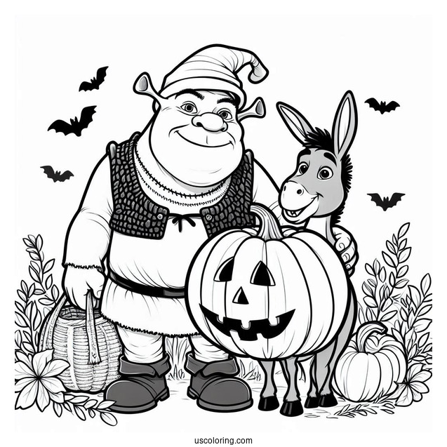 Shrek With Donkey And Pumpkin During Halloween
