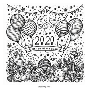 Happy New Year Coloring Page Of Confetti And Balloons