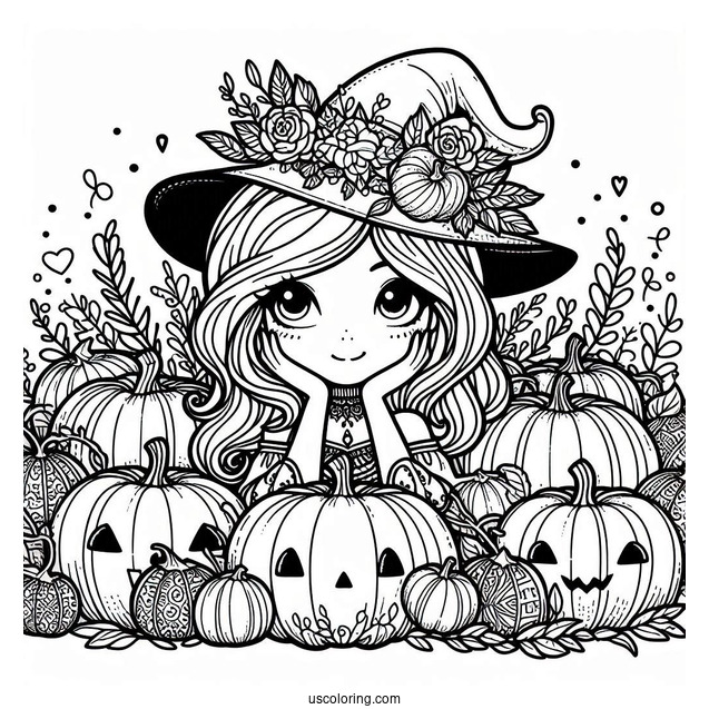 Pretty Witch Surrounded By Numerous Pumpkin Coloring Page