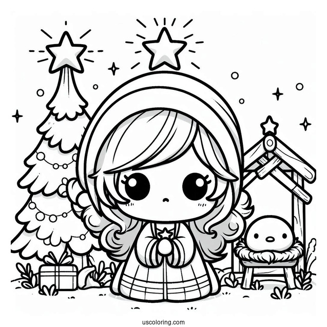 Nativity Coloring Page Of Cute Chibi Nativity With Star And Manger For Preschoolers