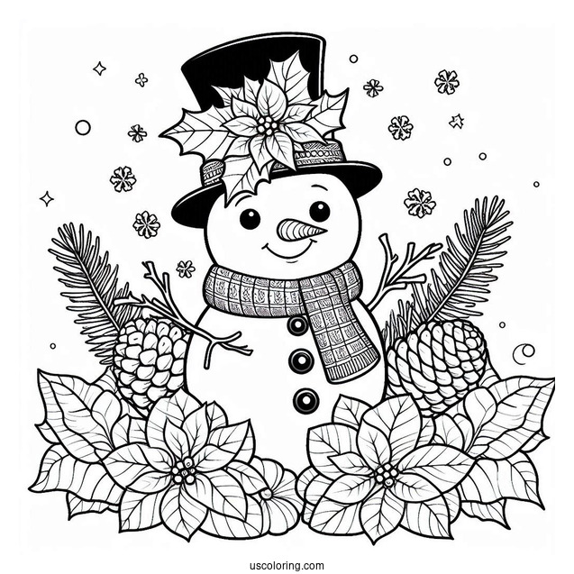 Christmas Coloring Pages For Adults Of Snowman With Top Hat Standing On Pinecones And Poinsettias