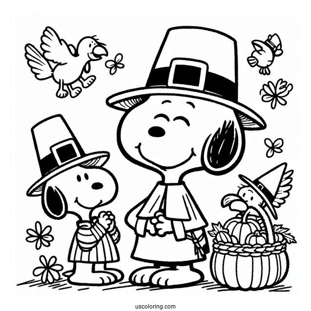 Snoopy And Friends Pilgrim Coloring Page Celebrating Thanksgiving