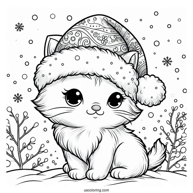 Cute Cat Wearing Santa Hat On Snowy Day