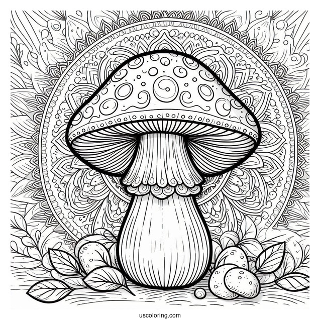 Mushroom Coloring Page In Front Of A Mandala