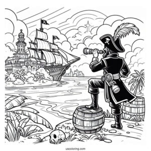 Pirate Coloring Page Surveying An island