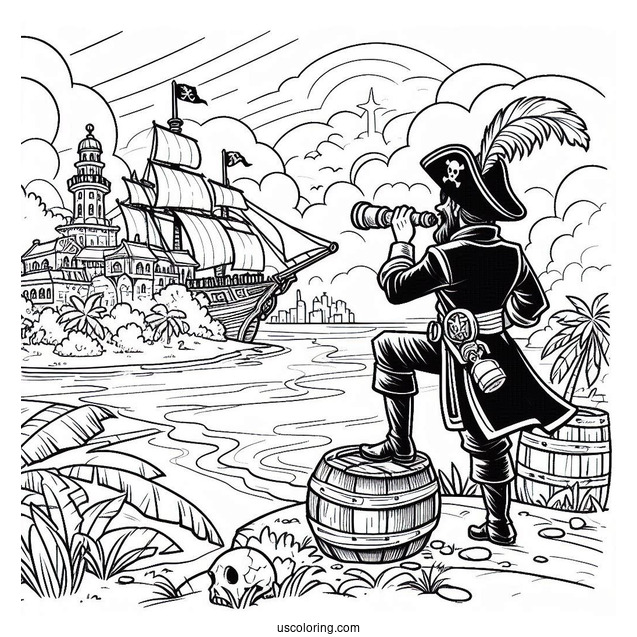 Pirate Coloring Page Surveying An island