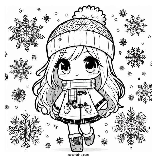 Chibi Girl In Winter Clothes Surrounded By Snowflake Coloring Page