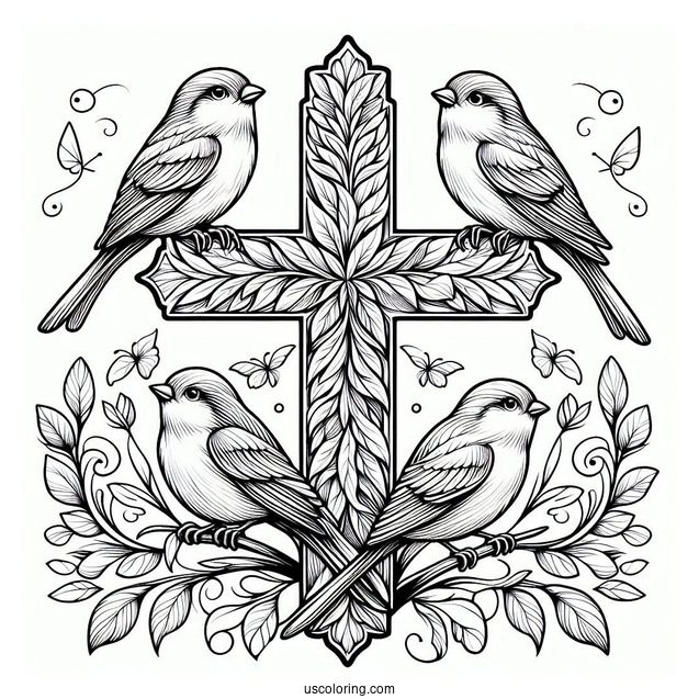 Four Birds Perched On A Cross Coloring Page