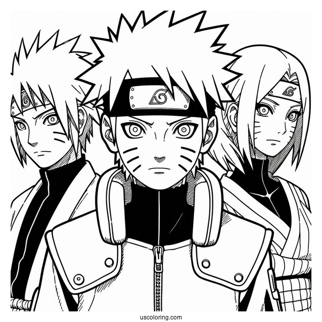 Kakashi Coloring Page Of Obito, Rin, Minato, And Young Naruto For Kids