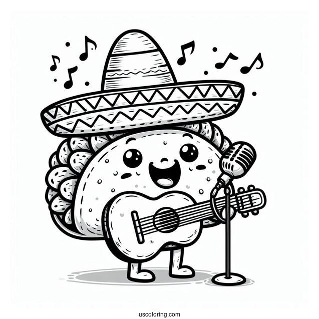 Singing Taco With A Sombrero And A Guitar Coloring Sheet
