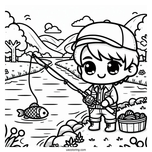 Fishing Coloring Page Of Kawaii Chibi Man Holding Fishing Rod In Front Of River