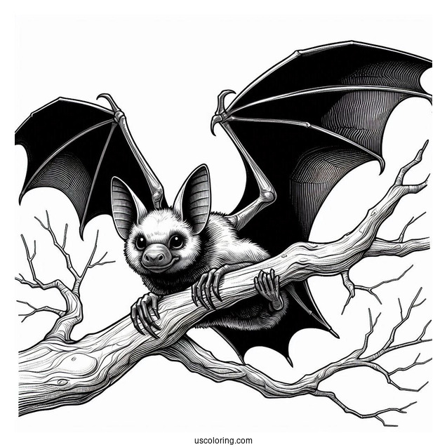 Scary Bat Coloring Page Roosting On Tree Branch