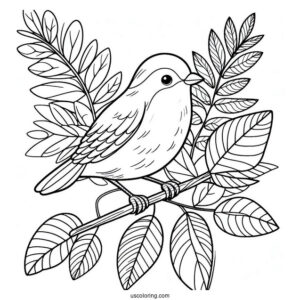 Easy Outline Of Bird Perched On Leaf In Jungle Coloring Page