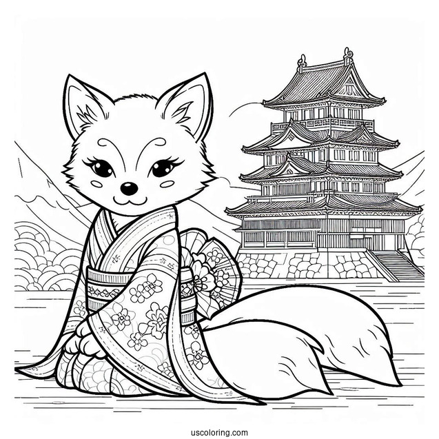 Fox Coloring Page in Kimono In Front Of Japanese Castle