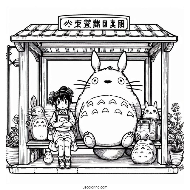 Studio Ghibli Coloring Page of Iconic My Neighbor Totoro At Bus Stop Poster