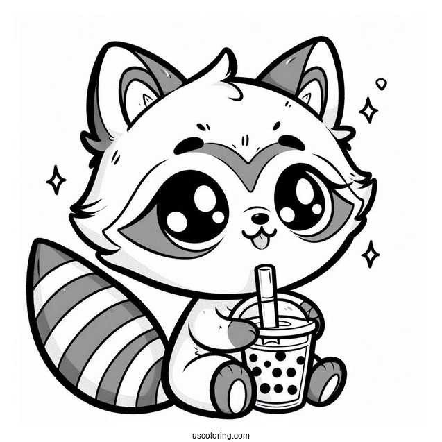 Chibi Raccoon Coloring Page Drinking Boba Tea For Kids