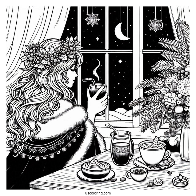 Coffee Coloring Pages Of Woman In Dress And Cape Drinking Coffee On Christmas Day By Window Bay