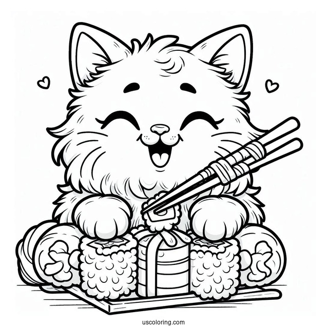 Fluffy Cat Eating Sushi Coloring Pages With Chopsticks For Kids
