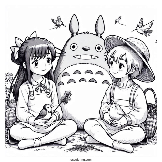 Studio Ghibli Coloring Page of Mei And Satsuki Playing With Totoro
