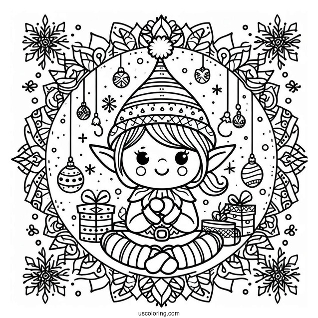 Cute Elf Sitting Inside A Christmas Mandala Coloring Page