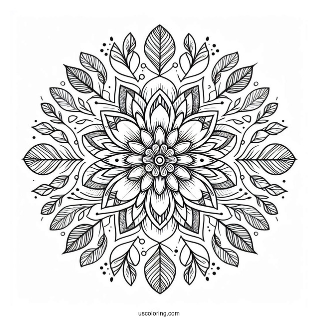 Circle Flower Mandala With Leaves Coloring Page