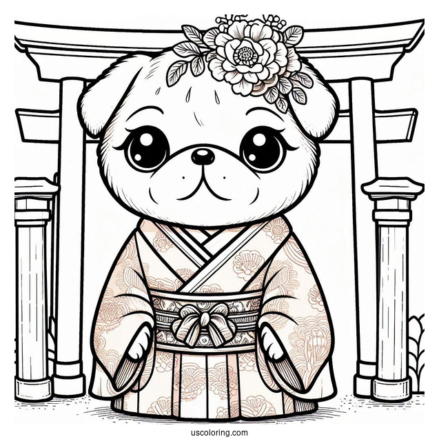 Pug Coloring Page in Kimono at Japanese Torii Gate For Kids