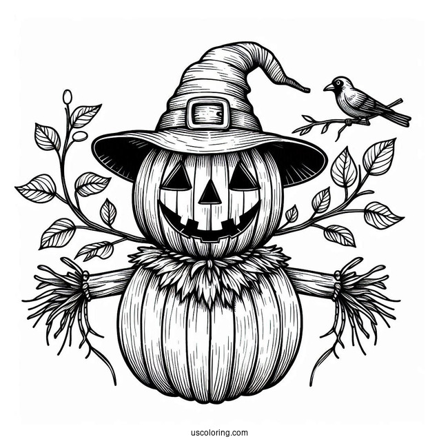 Jack O Lantern Scarecrow Coloring Page With A Top Hat On Halloween