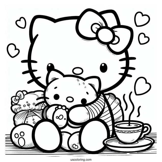 Coloring Page Of Hello Kitty Hugging Teddy Bear