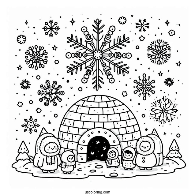 Snowflake Coloring Page Falling On Cartoon Eskimo Family And Igloo