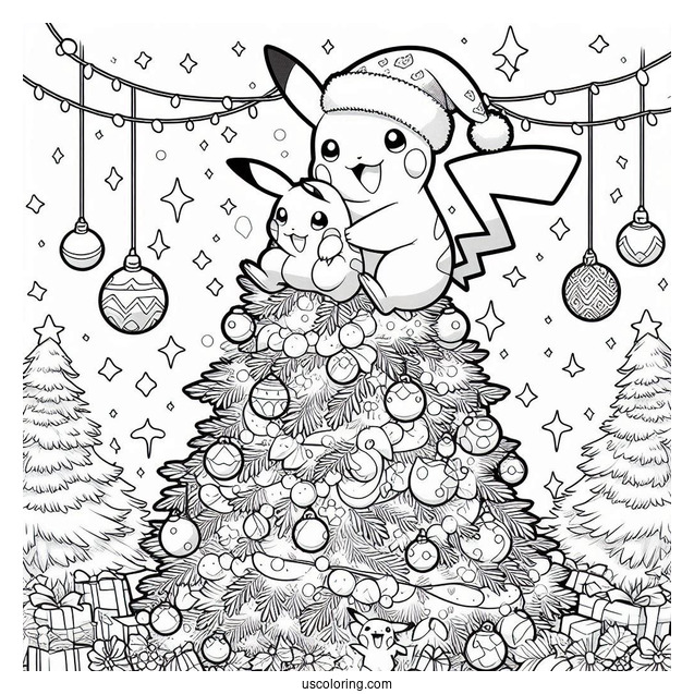 Pokemon Christmas Coloring Page Pikachu On Top Of A Christmas Tree With Pokemon Ornaments