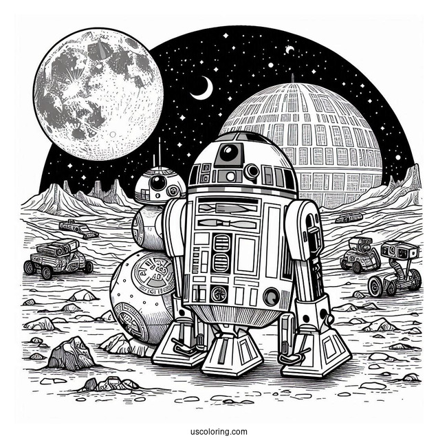 R2-D2 Coloring Page With Wall E On The Moon For Kids