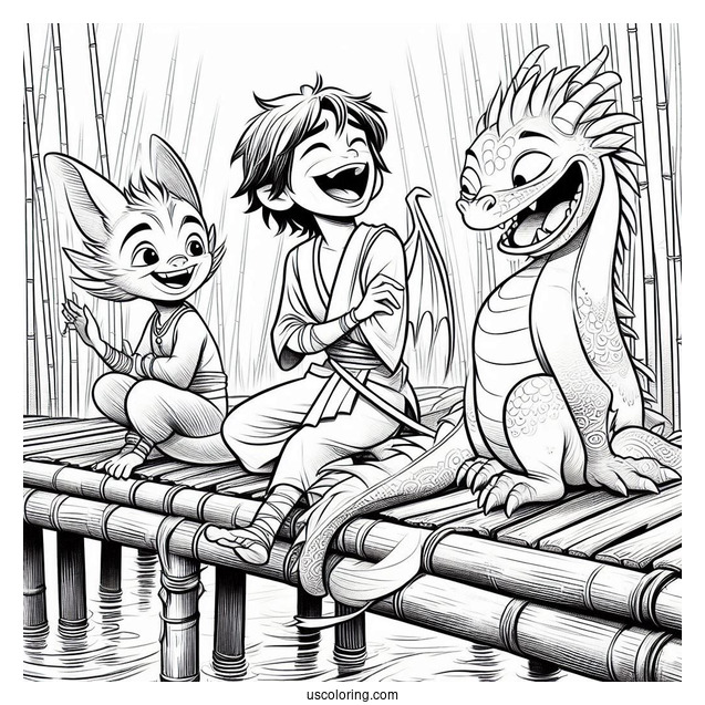 Raya And The Last Dragon Coloring Page Of Ongis Dyan, Pan, and Uka Laughing On Bamboo Bridge
