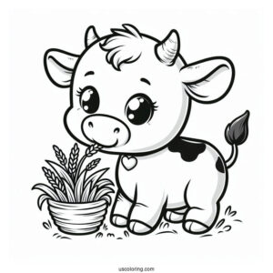 Happy Baby Cow Eating Grass Coloring Sheet