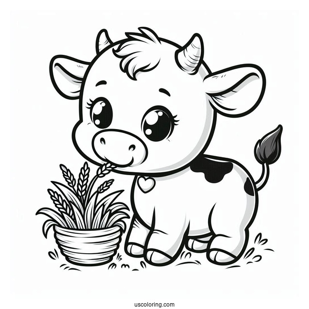 Happy Baby Cow Eating Grass Coloring Sheet