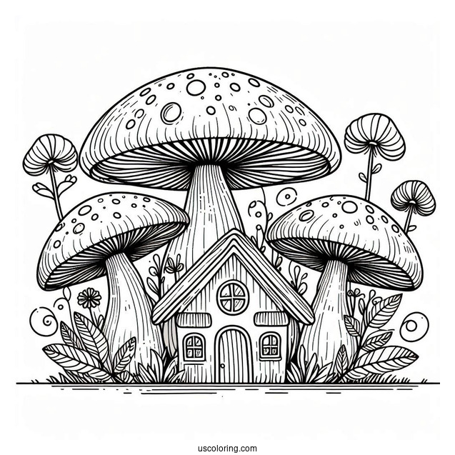 Massive Mushroom Coloring Page Growing Around A Small House