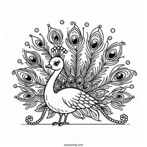 Cartoon Peacock Coloring Page Showing Off Fancy Tail Feathers For Kids