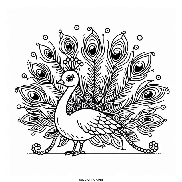 Cartoon Peacock Coloring Page Showing Off Fancy Tail Feathers For Kids