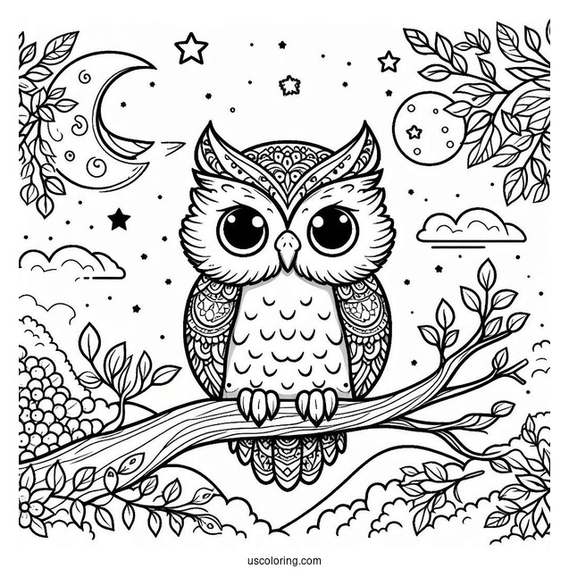 Cute Owl Sitting In Tree During Night