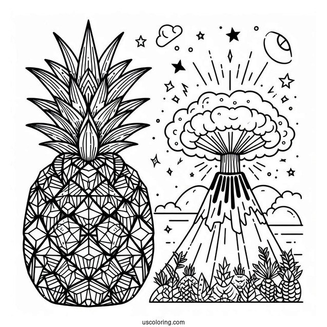 Geometric Pineapple Coloring Page With Volcano Eruption